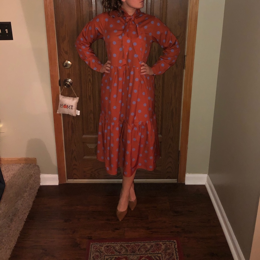 Tie Neck Polka Dot Shirt Dress